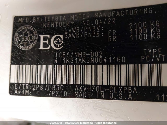 4T1K31AK3NU041160 Toyota Camry Xse Hybrid