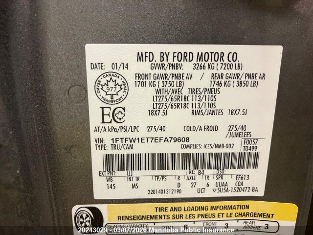 20243029 :رقم المزاد ، 1FTFW1ET7EFA79608 vin ، 2014 Ford F150 Xlt Supercrew مزاد بيع
