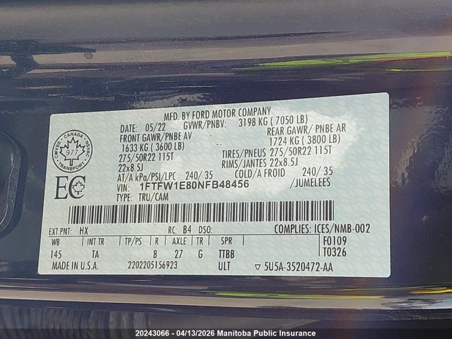 1FTFW1E80NFB48456 Ford F150 Limited Supercrew