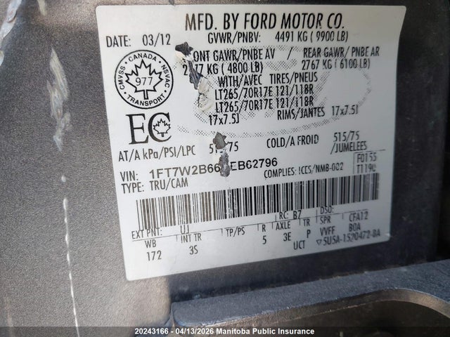 Продажа на аукционе авто 2012 Ford F250 Sd Xlt Crew Cab, vin: 1FT7W2B66CEB62796, номер лота: 20243166