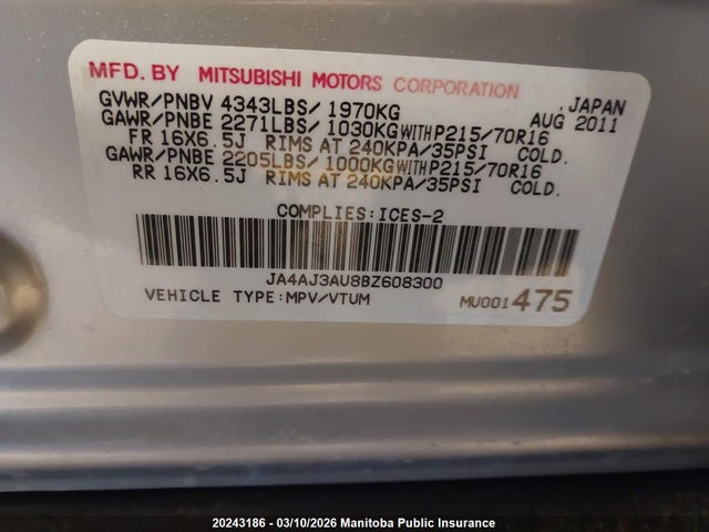 Продаж на аукціоні авто 2011 Mitsubishi Rvr Se, vin: JA4AJ3AU8BZ608300, номер лоту: 20243186