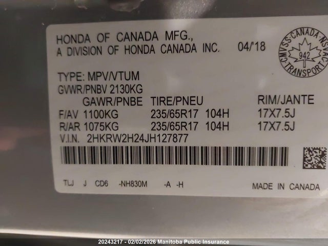 2HKRW2H24JH127877 Honda CR-V LX