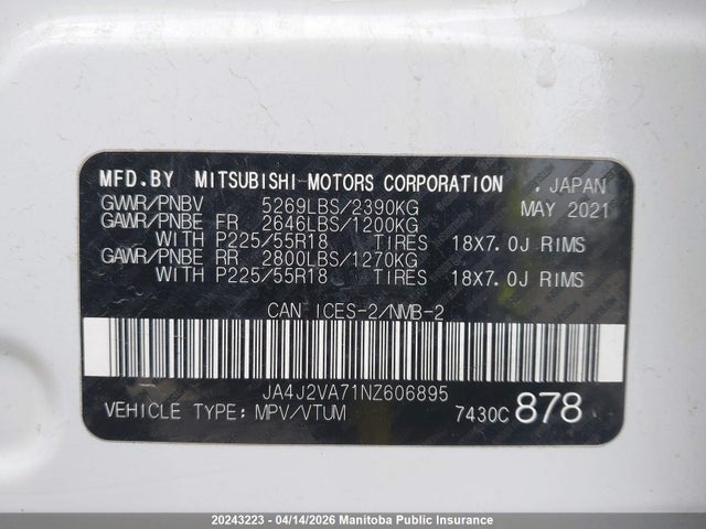 Aukcja sprzedaży 2022 Mitsubishi Outlander Black Edition Hybrid, vin: JA4J2VA71NZ606895, numer aukcji: 20243223