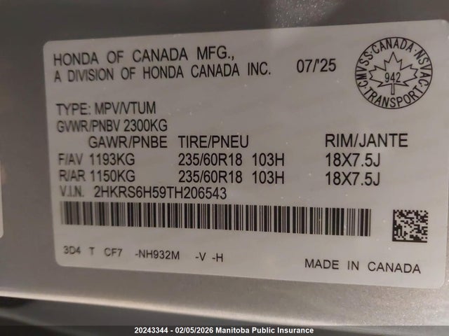 2HKRS6H59TH206543 Honda Cr-v Sport Hev