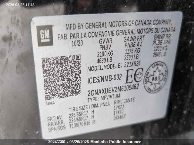 Aukcja sprzedaży 2021 Chevrolet Equinox Lt, vin: 2GNAXUEV2M6105462, numer aukcji: 20243360