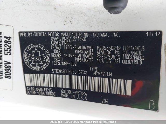 2013 Toyota Sienna Ce V6 მანქანა იყიდება აუქციონზე, vin: 5TDXK3DC6DS316732, აუქციონის ნომერი: 20243363