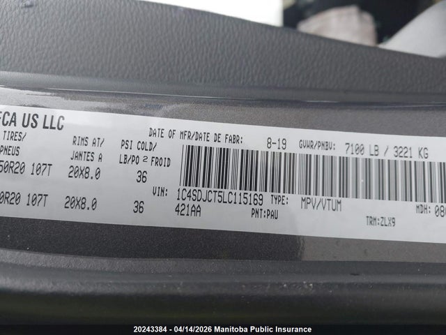 Продаж на аукціоні авто 2020 Dodge Durango R/t, vin: 1C4SDJCT5LC115169, номер лоту: 20243384