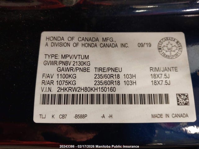 Honda Cr-v Ex-l 2019 2HKRW2H80KH150160 Image 8