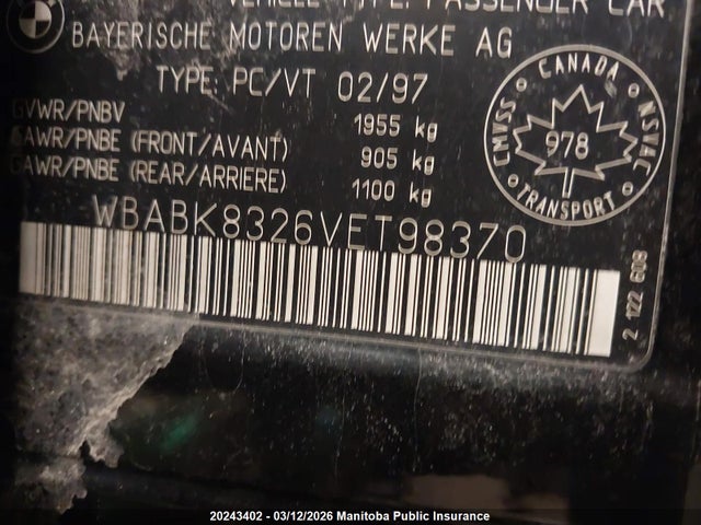 20243402 :رقم المزاد ، WBABK8326VET98370 vin ، 1997 Bmw 328i Cabriolet مزاد بيع