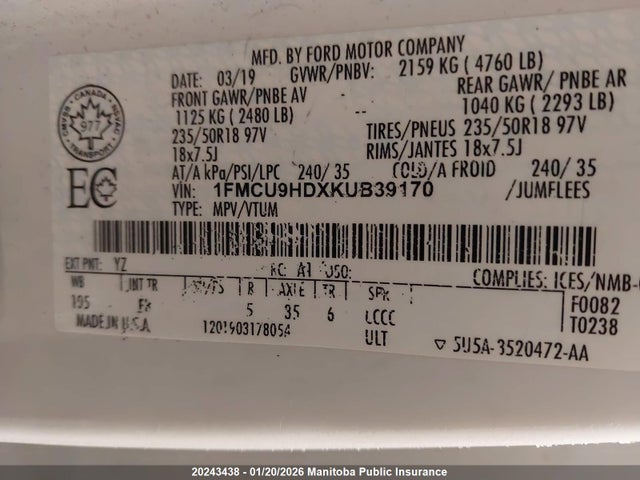1FMCU9HDXKUB39170 Ford ESCAPE SEL
