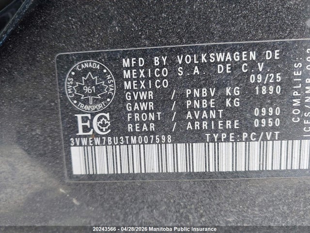 Aukcja sprzedaży 2026 Volkswagen Jetta Comfortline 1.5 Tsi, vin: 3VWEW7BU3TM007598, numer aukcji: 20243566
