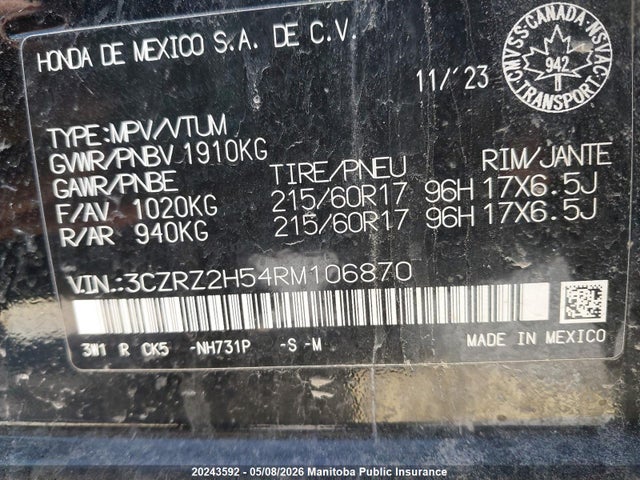 3CZRZ2H54RM106870 Honda Hr-v Sport-b