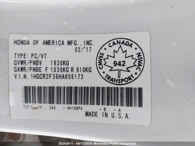 1HGCR2F36HA806173 Honda ACCORD LX
