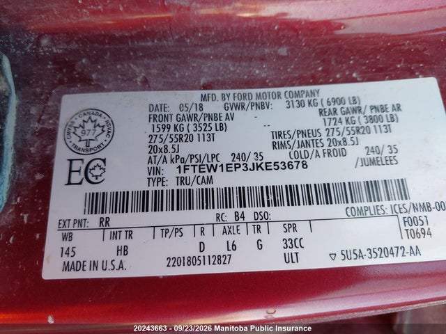 20243663 :رقم المزاد ، 1FTEW1EP3JKE53678 vin ، 2018 Ford F-series مزاد بيع