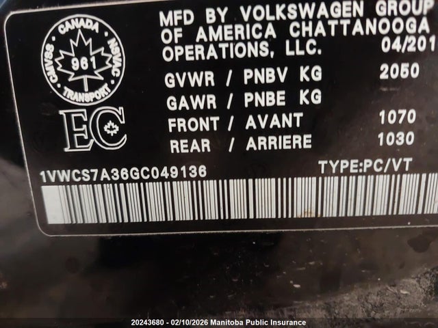 1VWCS7A36GC049136 Volkswagen Passat 1.8 Tsi