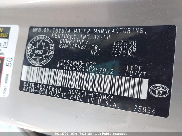 2009 Toyota Camry Le მანქანა იყიდება აუქციონზე, vin: 4T1BE46K49U857952, აუქციონის ნომერი: 20243700