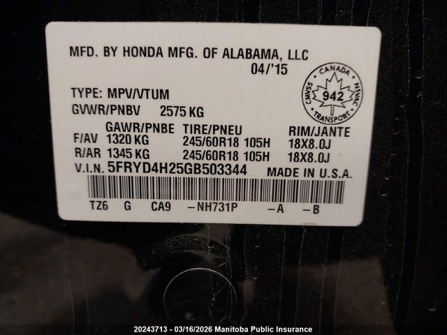 Aukcja sprzedaży 2016 Acura Mdx, vin: 5FRYD4H25GB503344, numer aukcji: 20243713