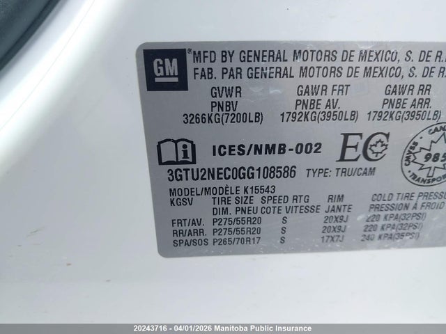 20243716 :رقم المزاد ، 3GTU2NEC0GG108586 vin ، 2016 Gmc Sierra 1500 Slt Crew Cab مزاد بيع