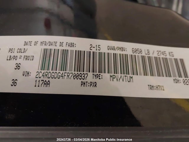 2C4RDGDG4FR700937 Dodge Grand Caravan Crew