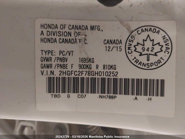 Продаж на аукціоні авто 2016 Honda Civic Ex, vin: 2HGFC2F78GH010252, номер лоту: 20243729