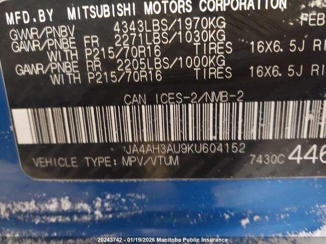 JA4AH3AU9KU604152 Mitsubishi RVR SE