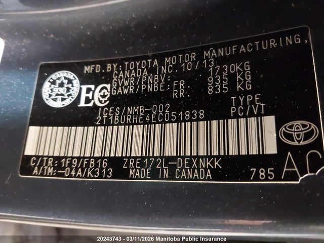 2014 Toyota Corolla Le მანქანა იყიდება აუქციონზე, vin: 2T1BURHE4EC051838, აუქციონის ნომერი: 20243743