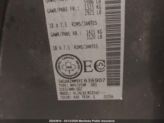 5N1AR2MM9FC636907 Nissan Pathfinder S