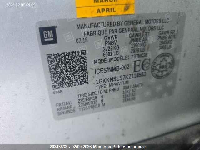 1GKKNSLS7KZ114583 GMC ACADIA SLE