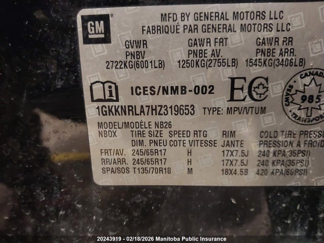 1GKKNRLA7HZ319653 GMC ACADIA SLE