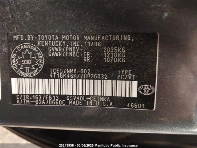 Auction sale of the 2007 Toyota Camry Le V6, vin: 4T1BK46K77U026032, lot number: 20243956