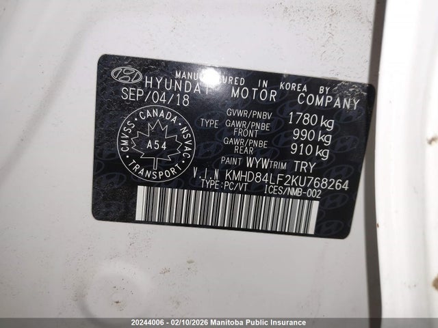 KMHD84LF2KU768264 Hyundai Elantra Luxury