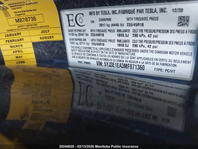 5YJ3E1EA3MF871360 Tesla Model 3 Standard Range Plus 50