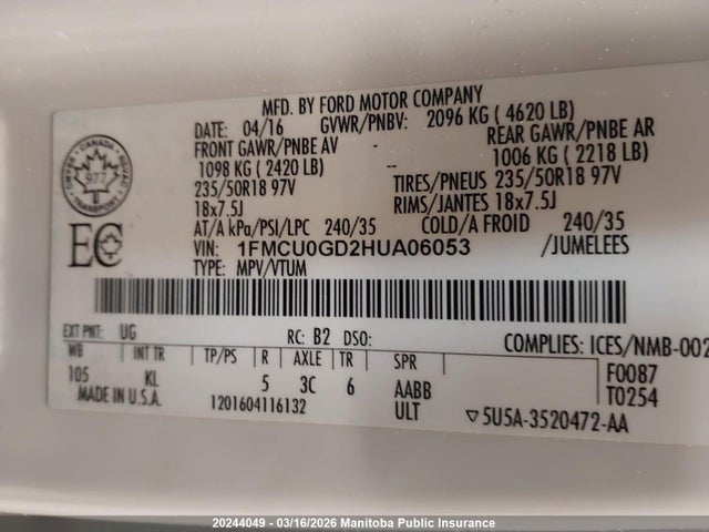 1FMCU0GD2HUA06053 Ford ESCAPE SE