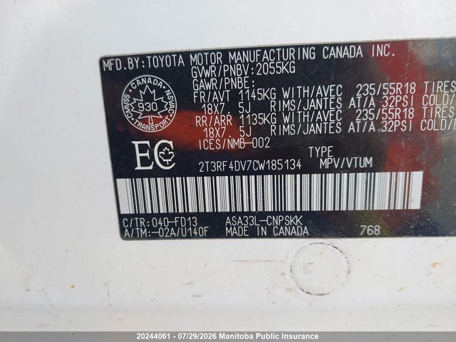 Продаж на аукціоні авто 2012 Toyota Rav4, vin: 2T3RF4DV7CW185134, номер лоту: 20244061