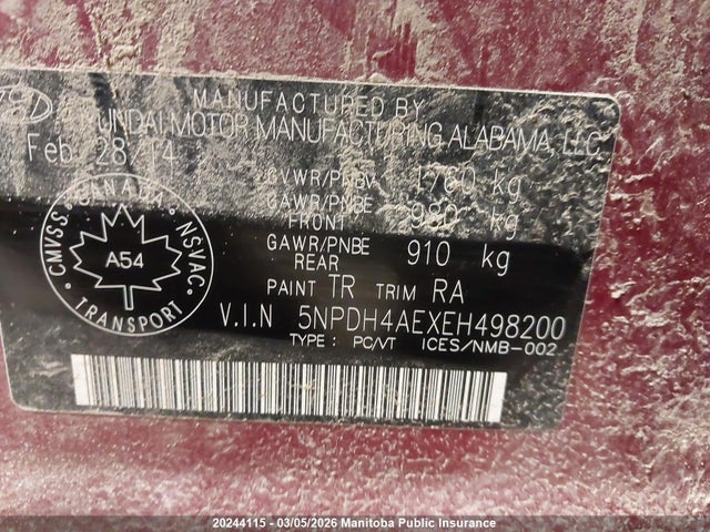 5NPDH4AEXEH498200 Hyundai ELANTRA GL