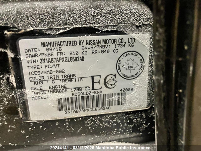 3N1AB7APXGL669248 Nissan Sentra 1.8 Sv