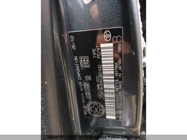 20244150 :رقم المزاد ، JTDBT4K30A1392102 vin ، 2010 Toyota Yaris مزاد بيع