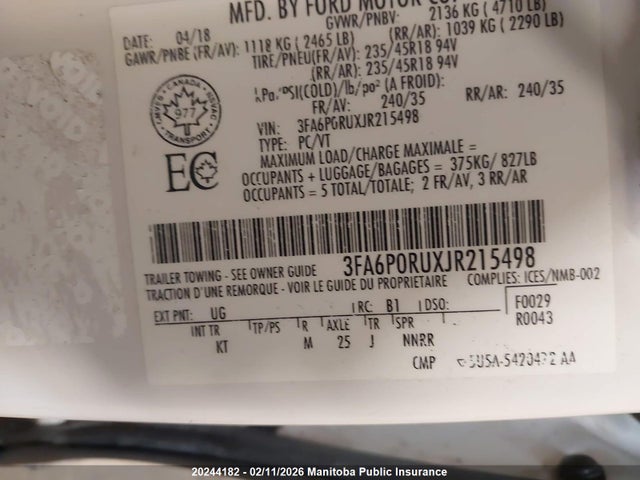 3FA6P0RUXJR215498 Ford Fusion Platinum Hybrid