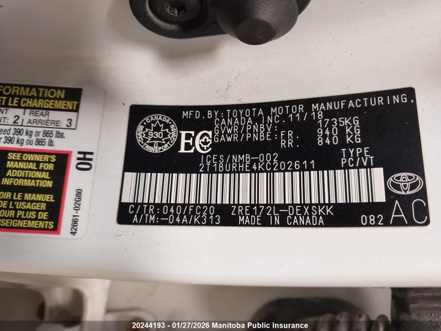 2T1BURHE4KC202611 Toyota COROLLA SE