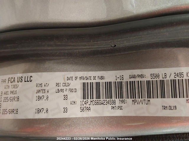 1C4PJMDS6GW234598 Jeep Cherokee Limited