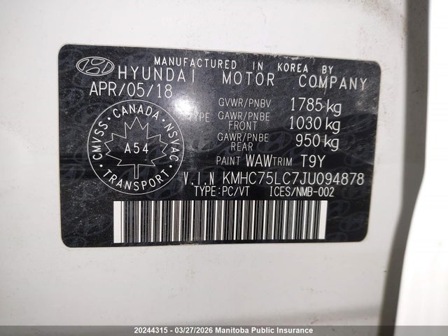 KMHC75LC7JU094878 Hyundai Ioniq Blue Hybrid