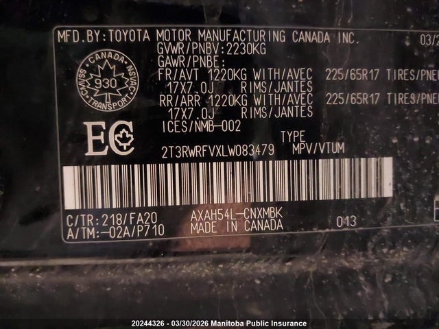20244326 :رقم المزاد ، 2T3RWRFVXLW083479 vin ، 2020 Toyota Rav4 Xle Hybrid مزاد بيع