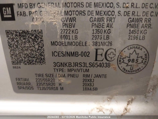 3GNKBJRS3LS654038 Chevrolet Blazer Lt
