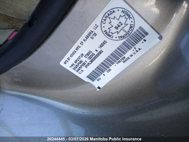 Aukcja sprzedaży 2008 Honda Odyssey Touring, vin: 5FNRL38808B508962, numer aukcji: 20244445