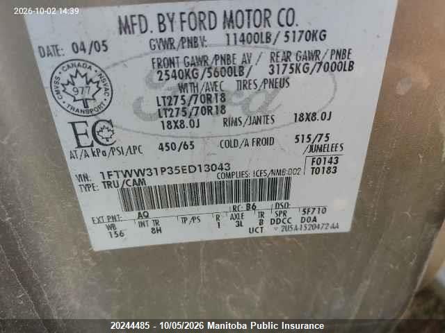 20244485 :رقم المزاد ، 1FTWW31P35ED13043 vin ، 2005 Ford F350 Sd Xlt Crew Cab مزاد بيع