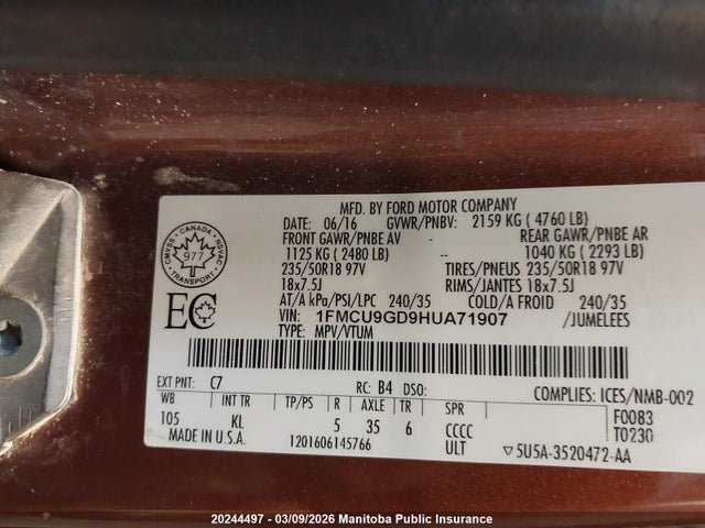 1FMCU9GD9HUA71907 Ford ESCAPE SE