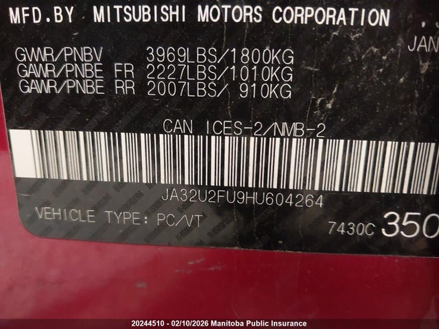 JA32U2FU9HU604264 Mitsubishi Lancer Se