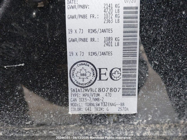 5N1AT2MV9LC807807 Nissan Rogue Sl Platinum