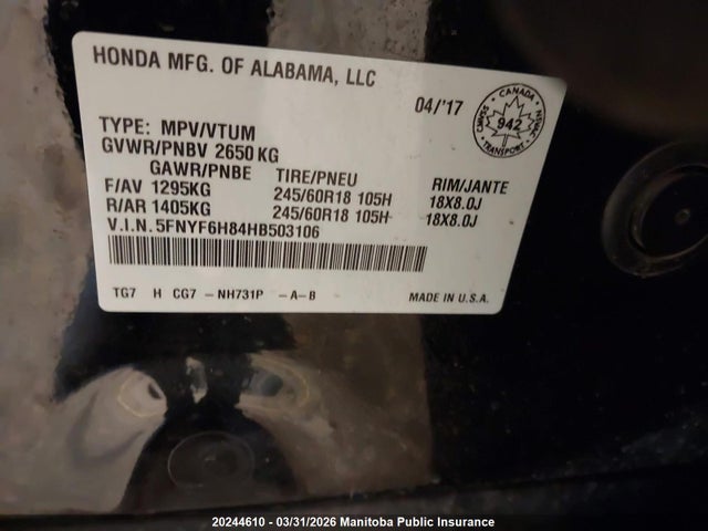 5FNYF6H84HB503106 Honda Pilot Ex-l
