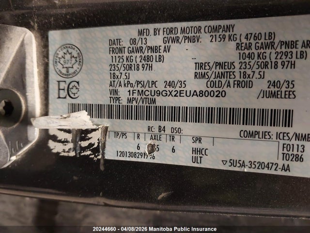 1FMCU9GX2EUA80020 Ford ESCAPE SE